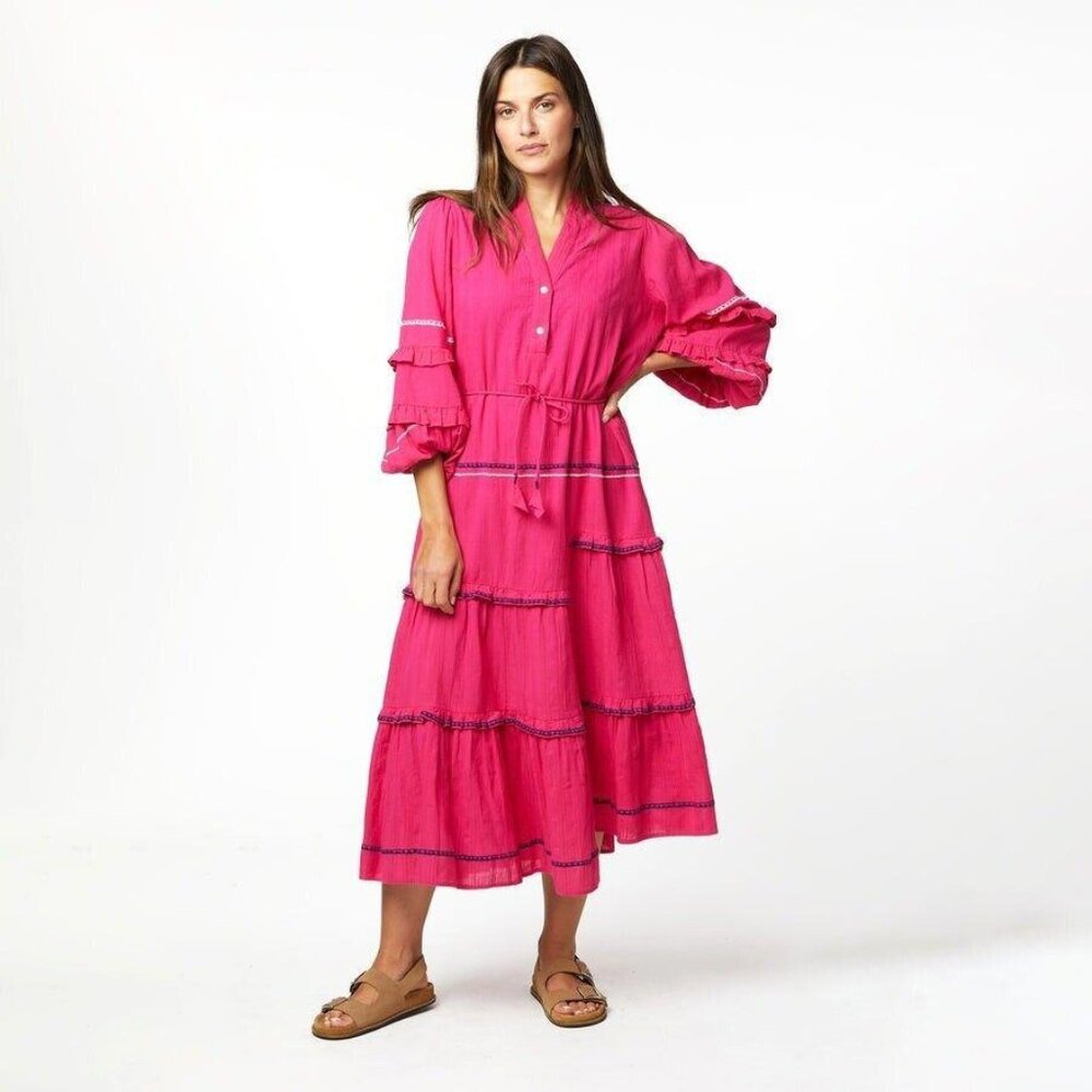 Kerri Rosenthal Pheobe Cotton Midi Dress Embroidered Ruffle Tiered XS New 271091
